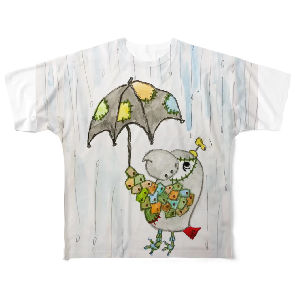 ねこぜや のROBOBO ヨウムの福ちゃんロボ  雨降り フルグラフィックTシャツ
