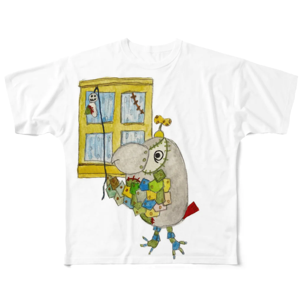 ねこぜや のROBOBO ヨウムの福ちゃんロボ てるてる坊主 フルグラフィックTシャツ
