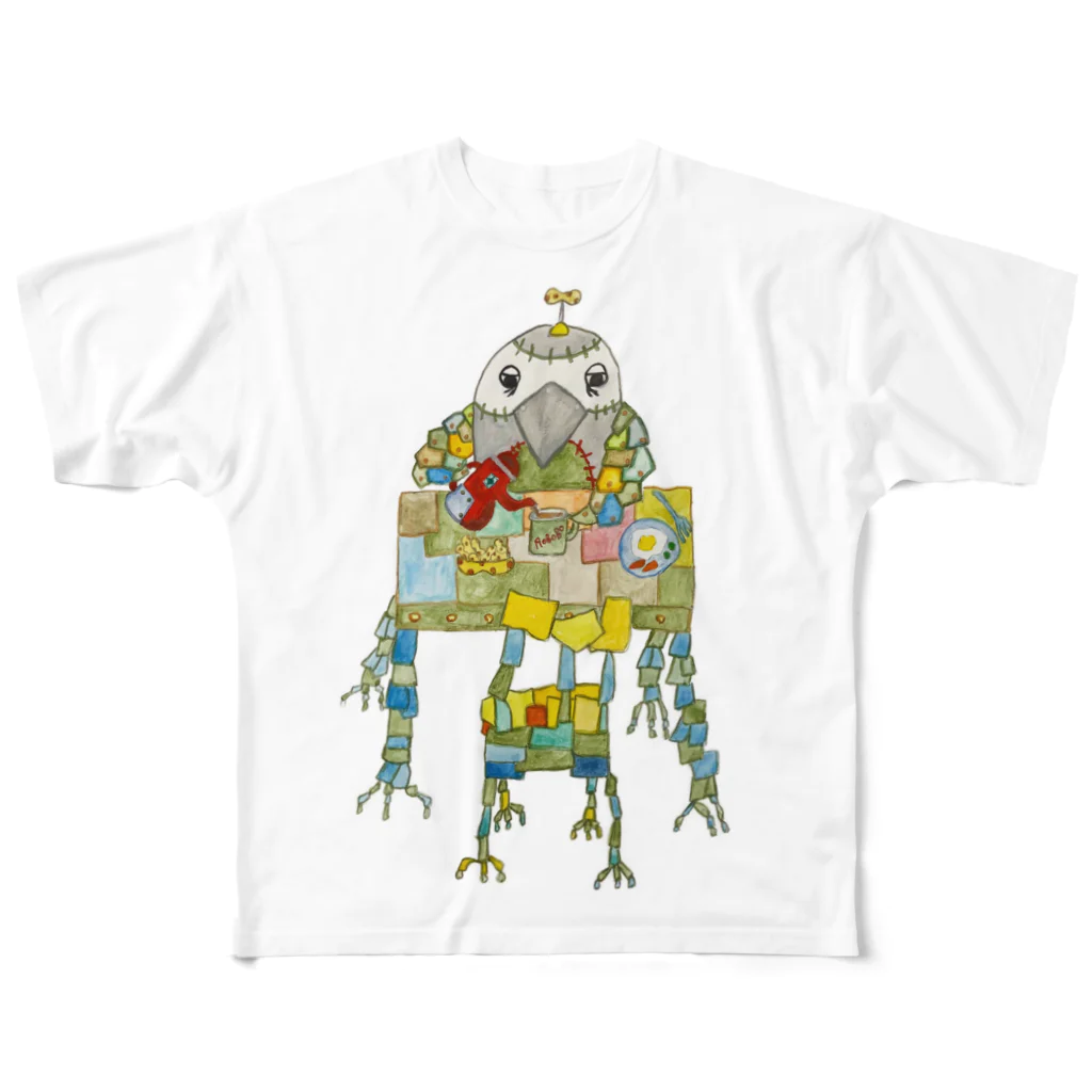 ねこぜや のROBOBO ヨウムの福ちゃんロボ 朝食 フルグラフィックTシャツ