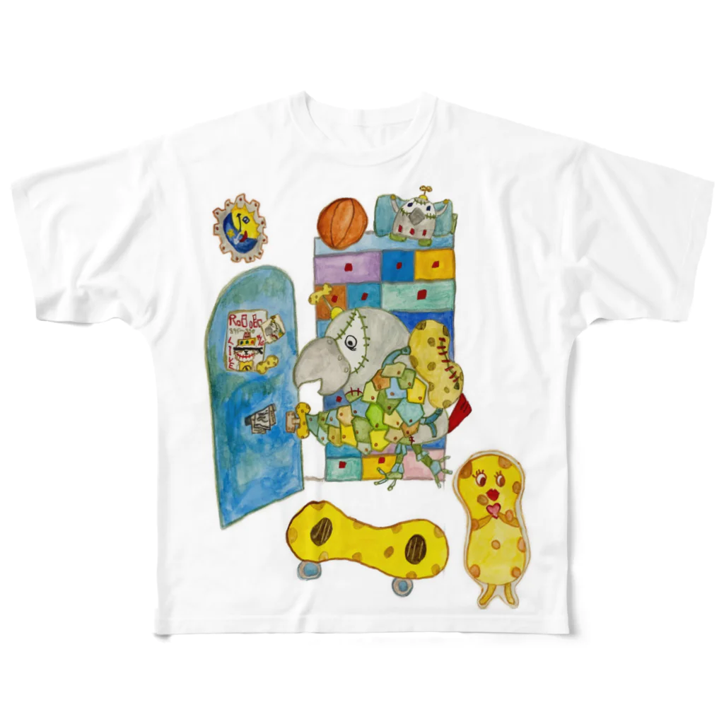 ねこぜや のROBOBO ヨウムの福ちゃんロボ 職場に急ぐ All-Over Print T-Shirt