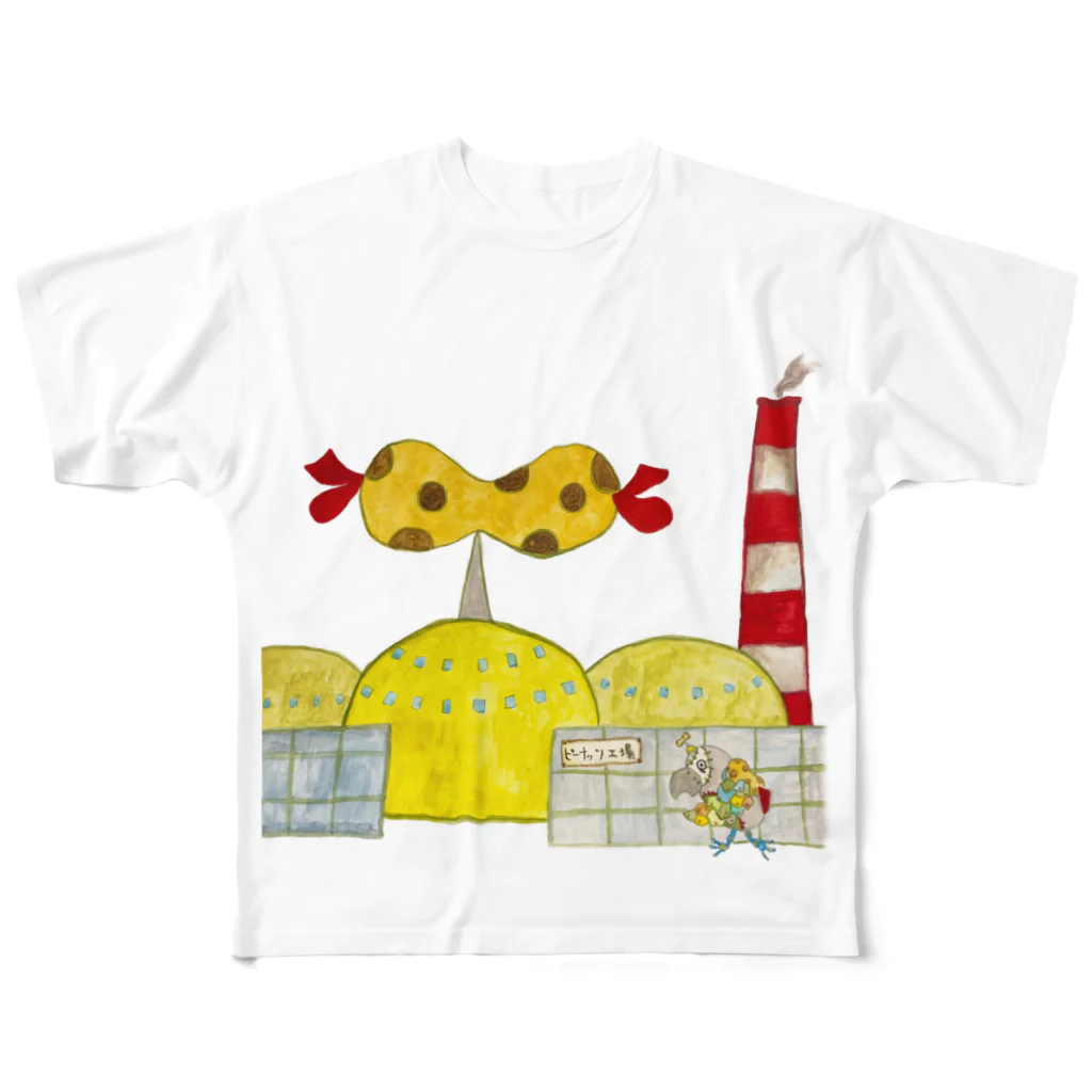 ねこぜや のROBOBO ヨウムの福ちゃんロボ ピーナッツ工場 フルグラフィックTシャツ