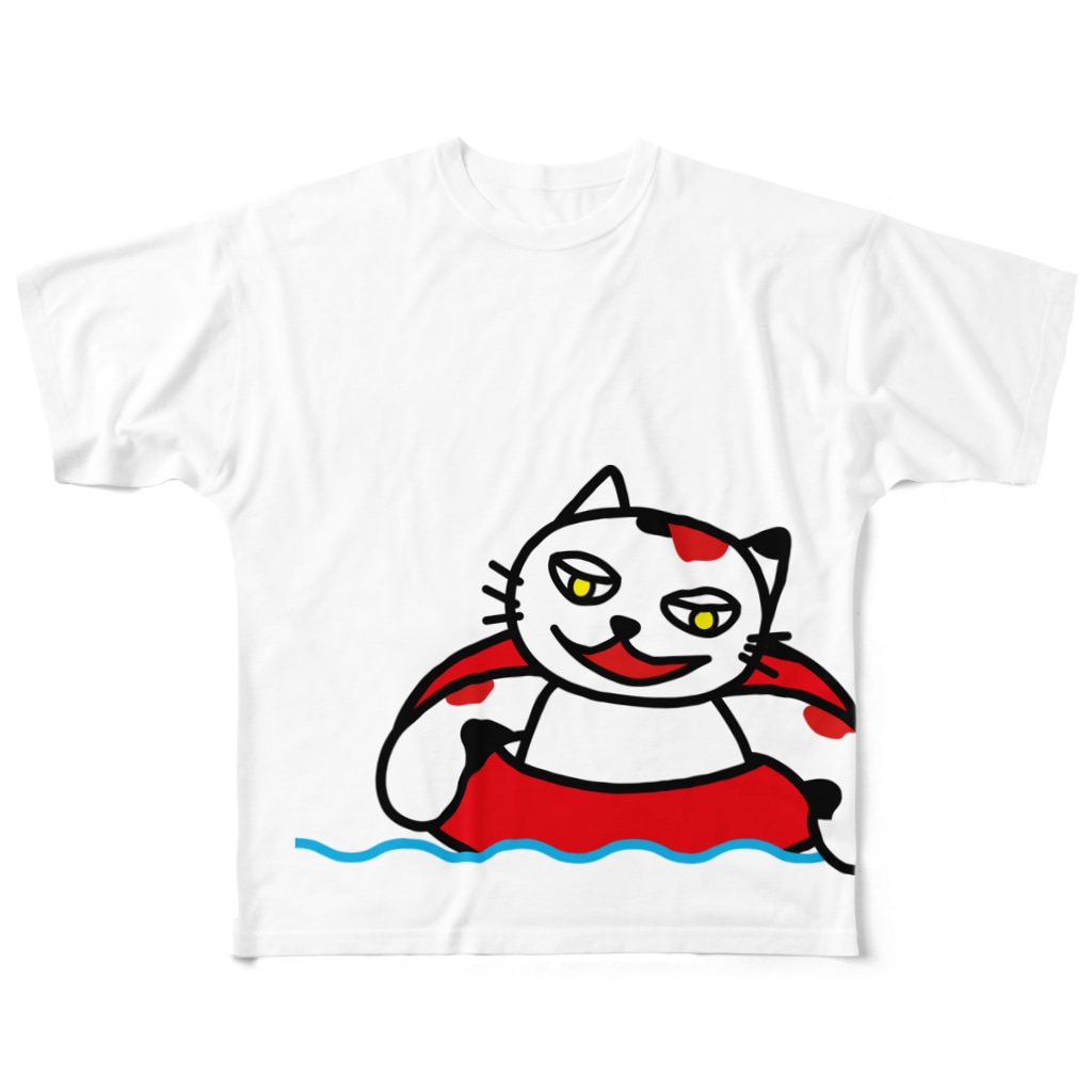 ナウい6Tショップの【前田デザイン室 ニャン-T プロジェクト】前田デザイン室　じゃみぃの夏 All-Over Print T-Shirt