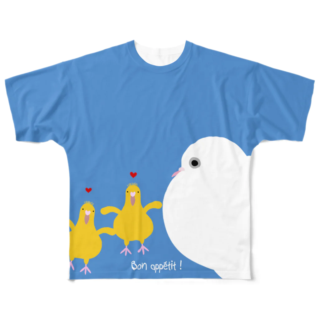 ハトのモモヒキの鳩のヒナぽぽとママぽぽ フルグラフィックTシャツ