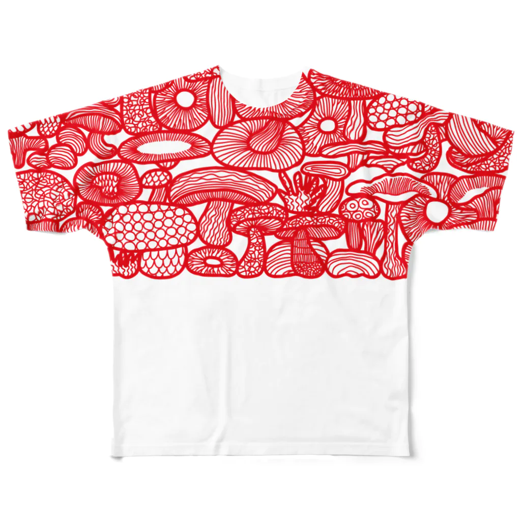 LOVE MUSHROOMの赤い線描きマッシュ All-Over Print T-Shirt