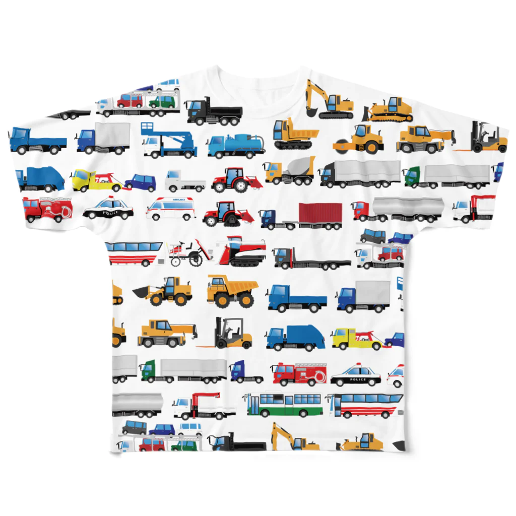 働く車・乗り物Tシャツ／KK商店のいろんな働く車（裏表印刷） フルグラフィックTシャツ