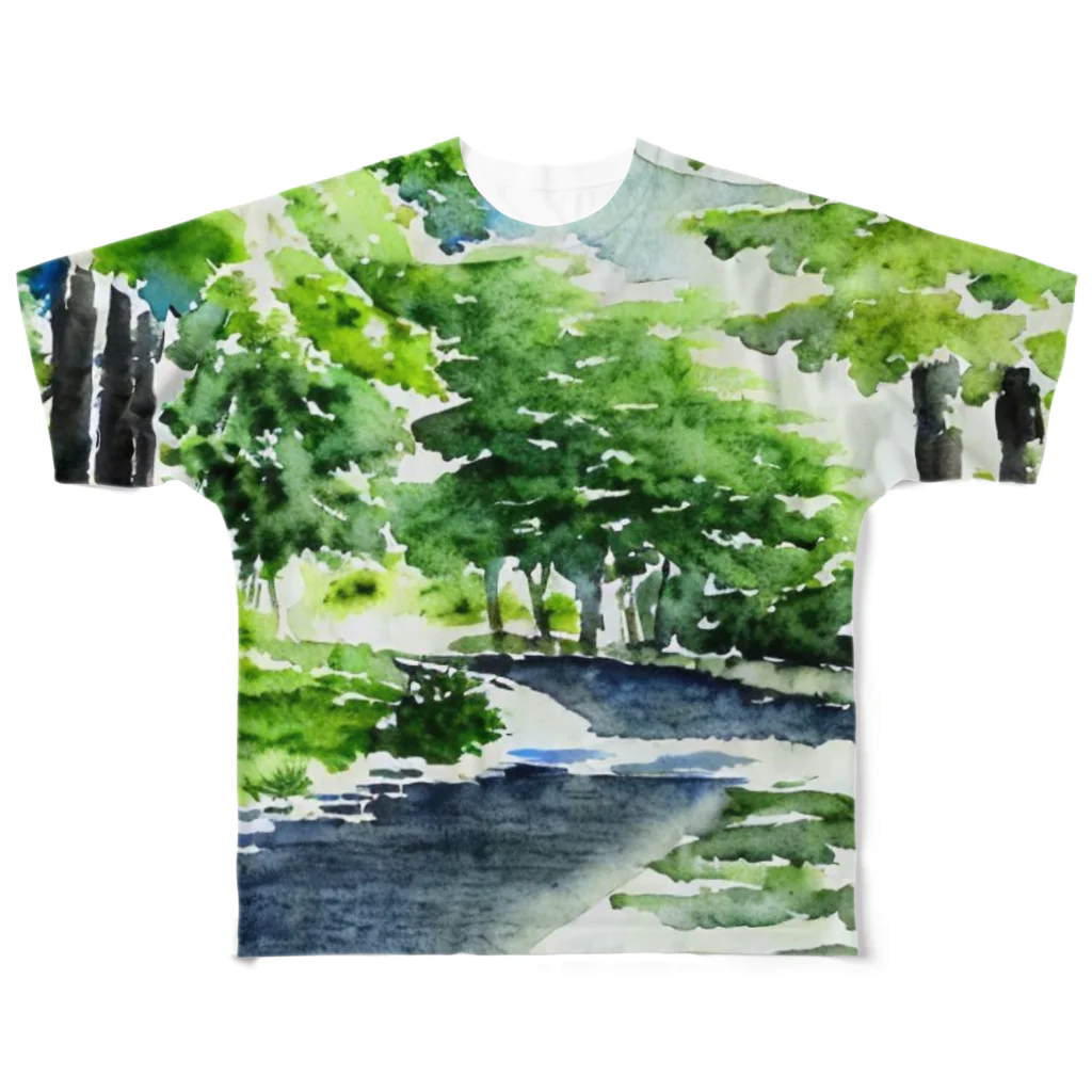 Yossy's Item Factoryの水彩画風新緑の川2 All-Over Print T-Shirt