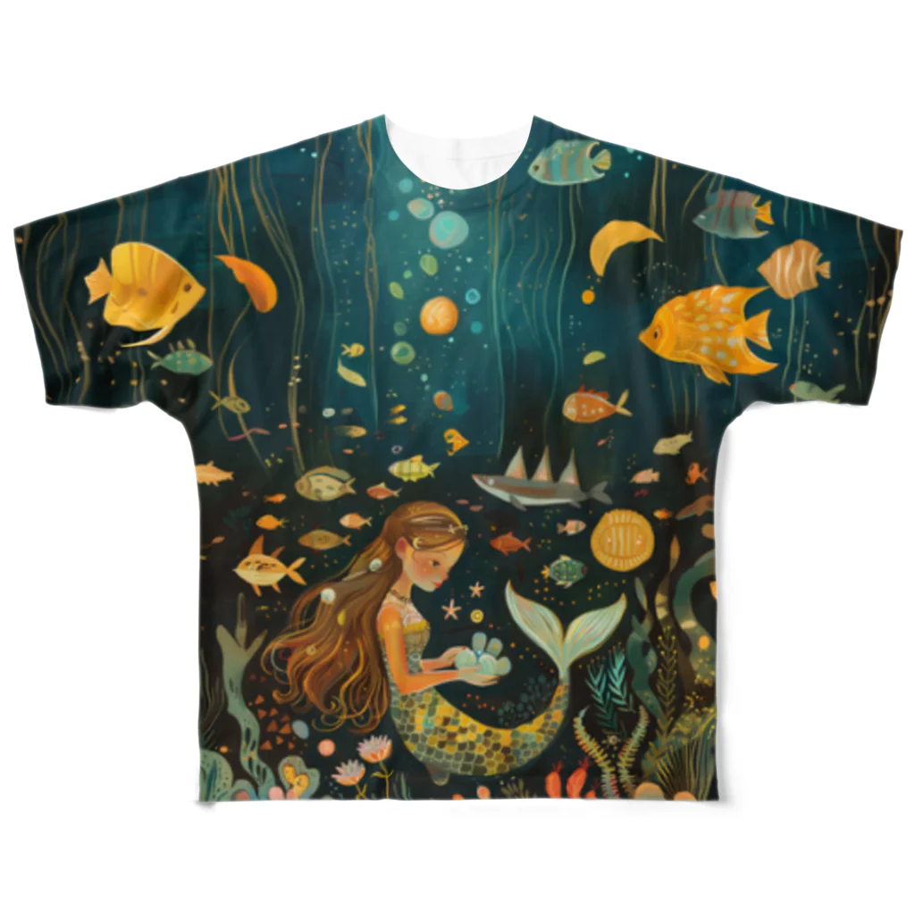 人魚堂の宝石を眺める人魚のフルグラフィックＴシャツ Full graphic T-shirt of a mermaid gazing at jewels フルグラフィックTシャツ