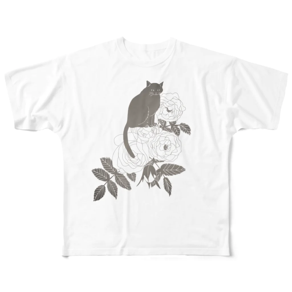 ねこふく屋のモノクロ調ミルクティーローズ フルグラフィックTシャツ