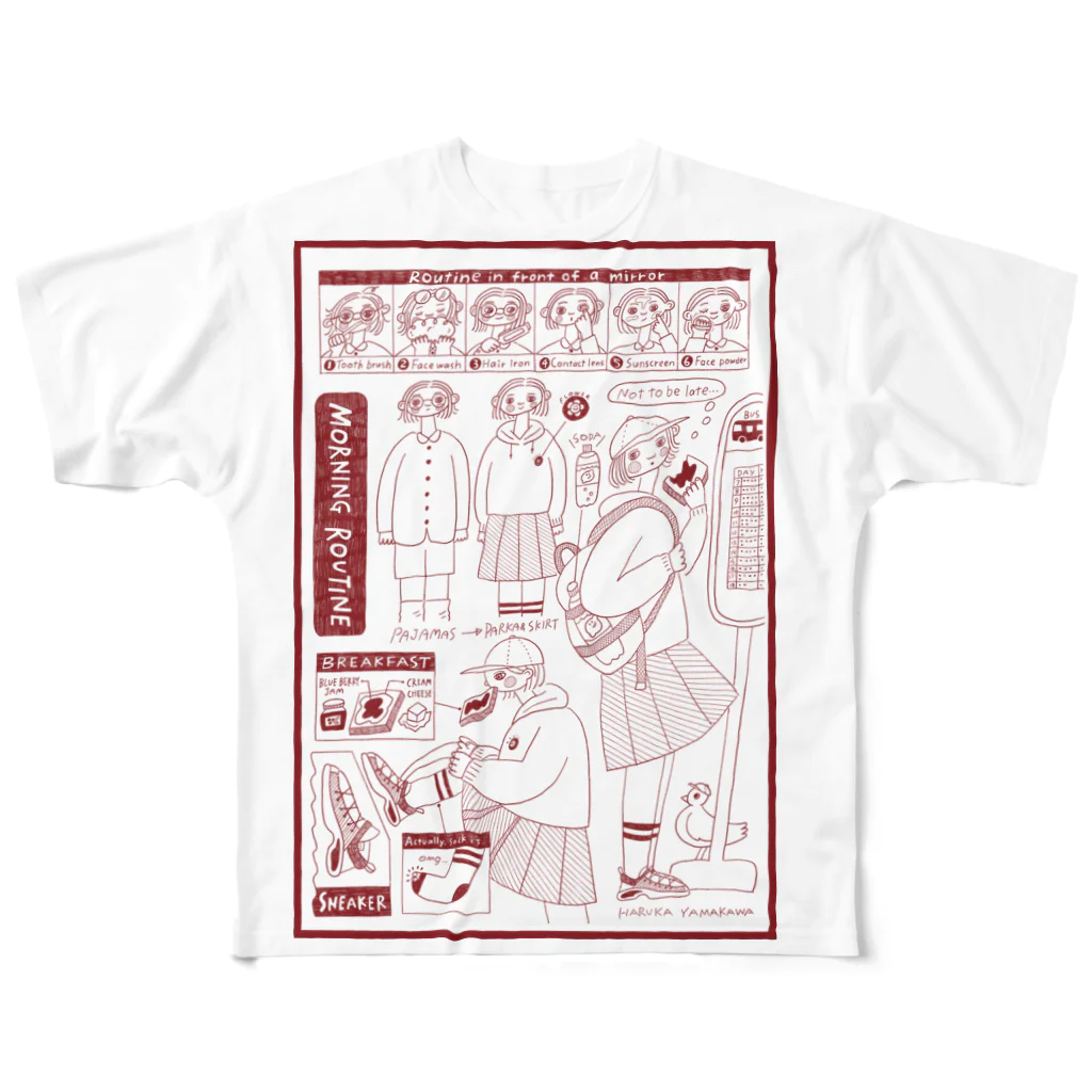 YA MARKETのMORNING ROUTINE フルグラフィックTシャツ