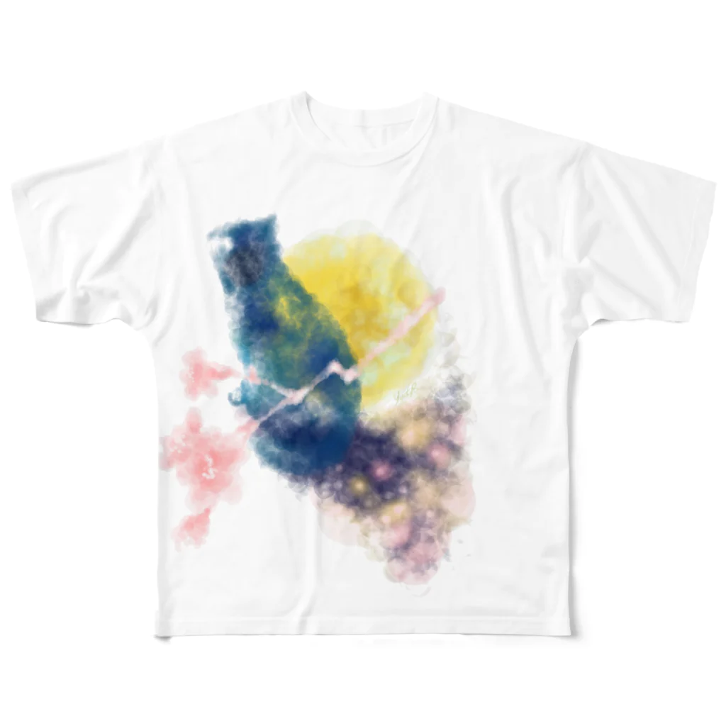 Snowman Art Roomの青猫と月と フルグラフィックTシャツ