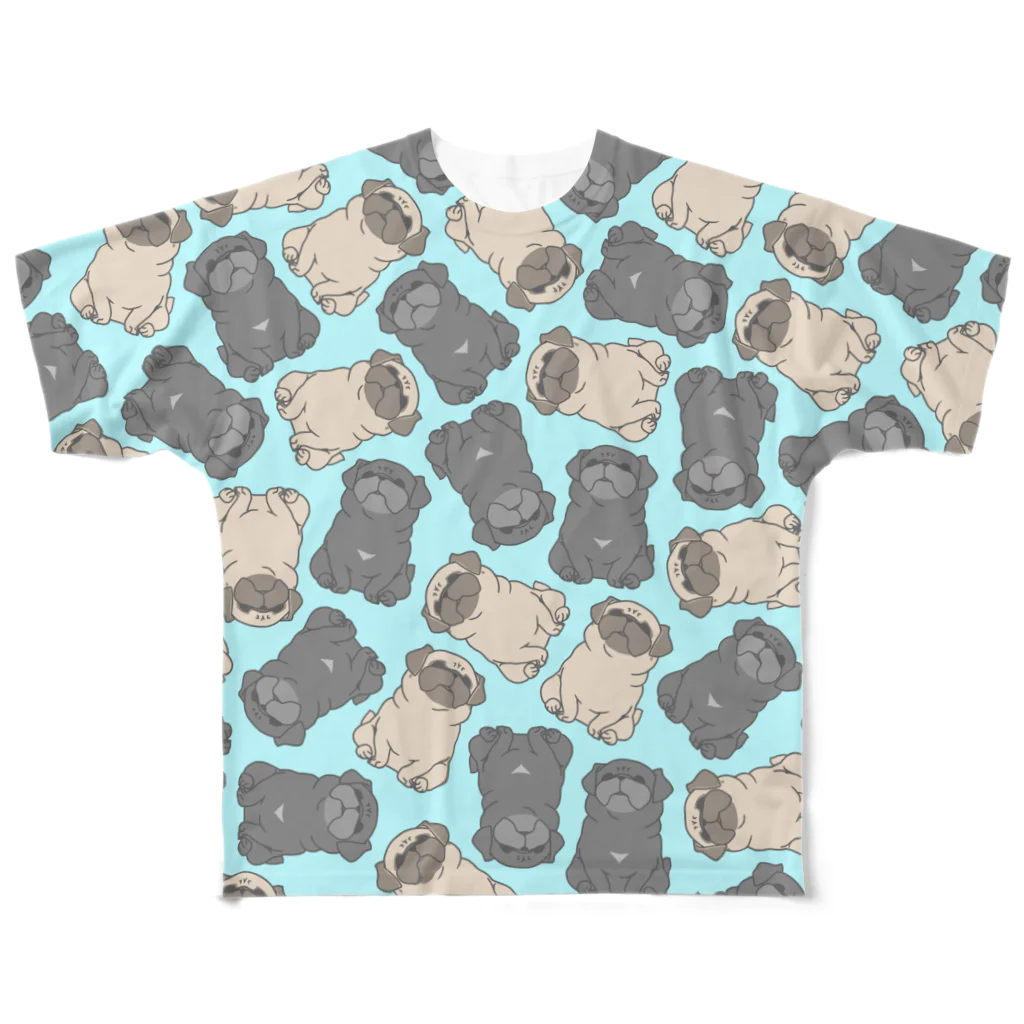 one-naacoのパグがみっちり。(水色) フルグラフィックTシャツ