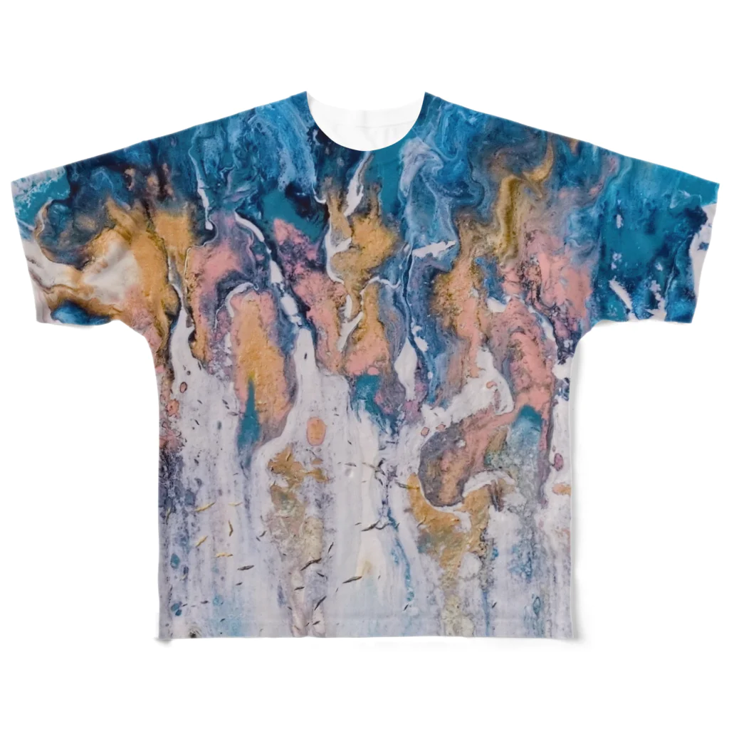 Akiyoのフィレンツェ画房 の無題(青桃金白のFluid) フルグラフィックTシャツ