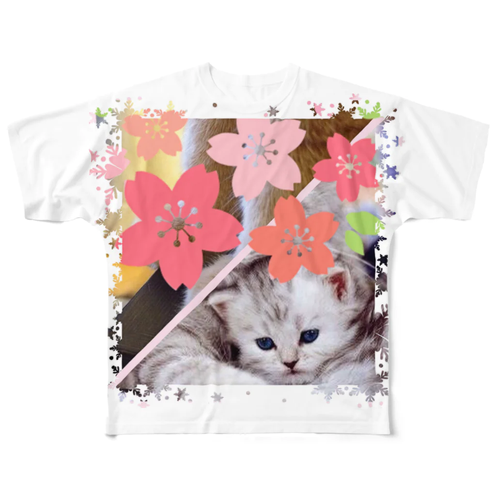 テル！のお店のサクラとニャンコの親子 All-Over Print T-Shirt