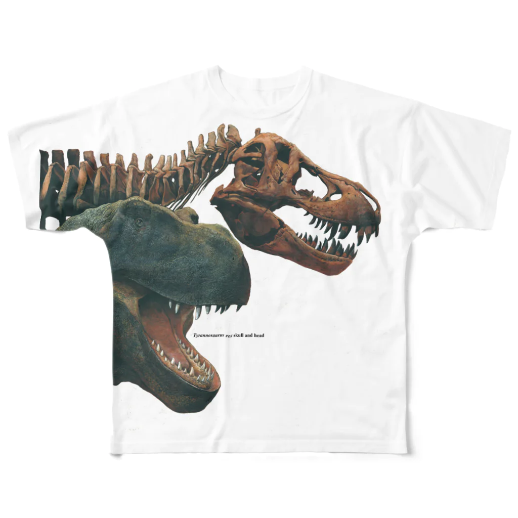 小田隆のTyrannosaurus rex skull and head All-Over Print T-Shirt