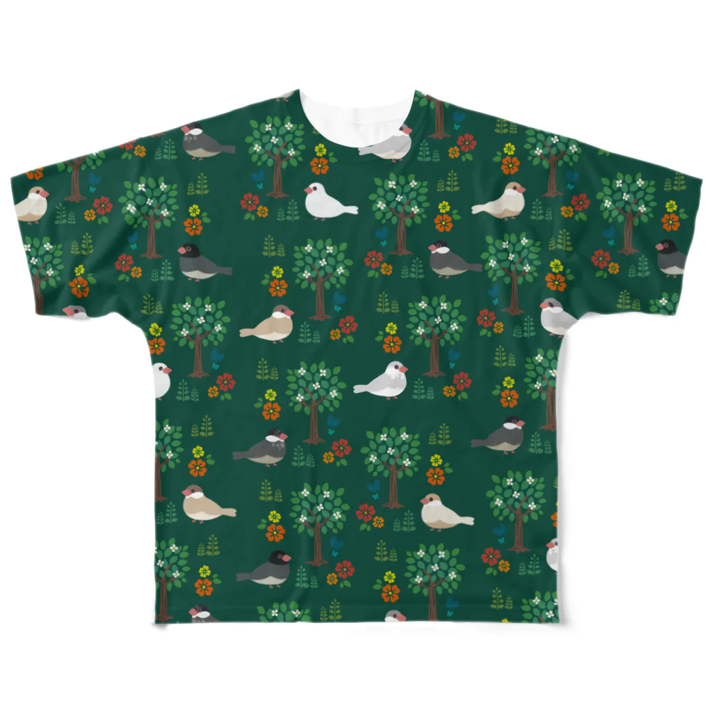 4649の文鳥と植物_緑 All-Over Print T-Shirt