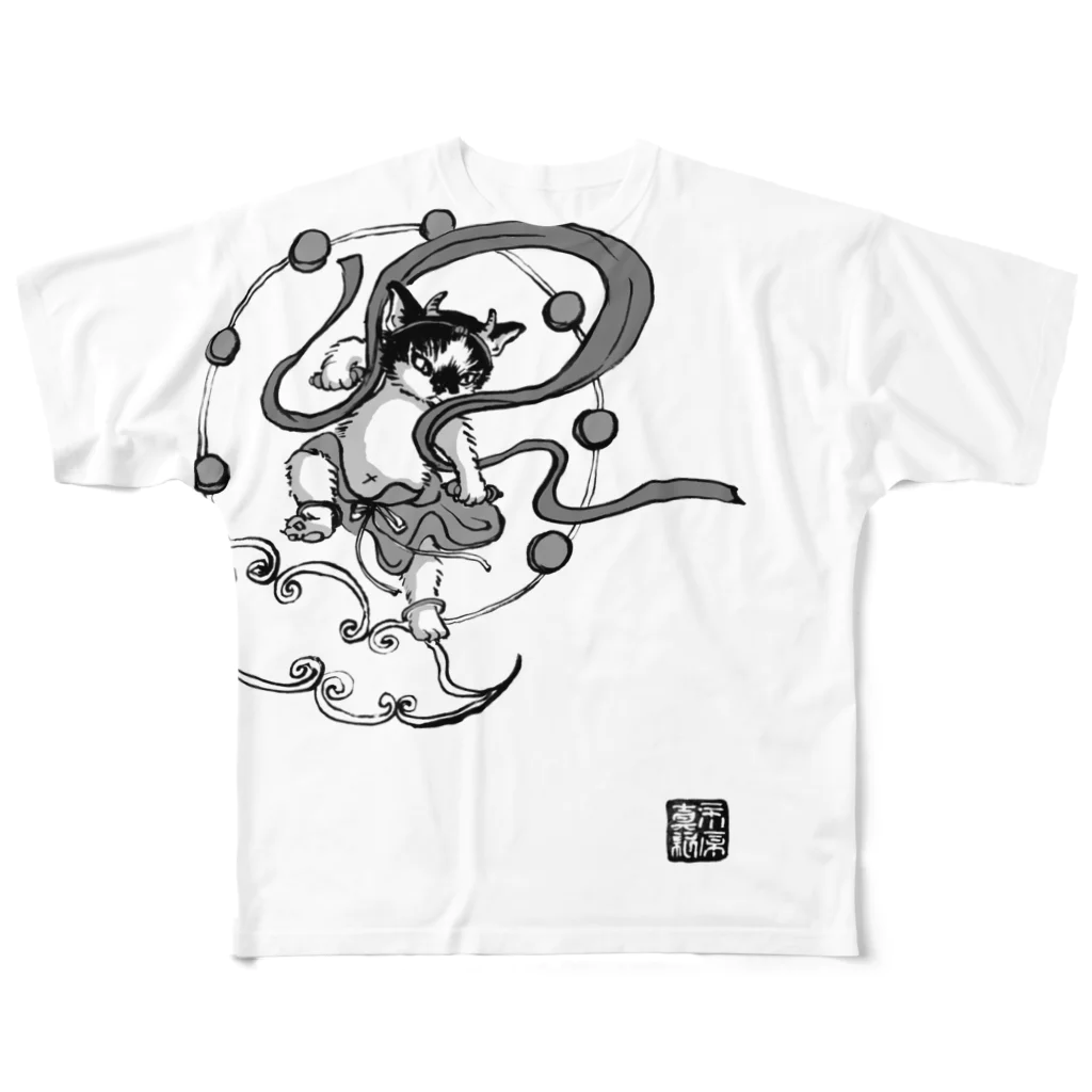 もけけ工房 SUZURI店の雷神千坊モノクロ All-Over Print T-Shirt
