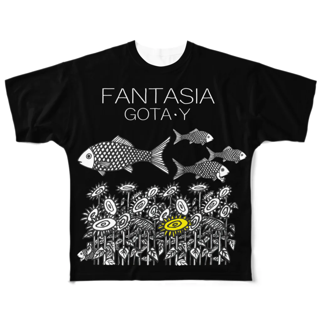 ゴータ・ワイのFANTASIA～ひまわり～　Black All-Over Print T-Shirt