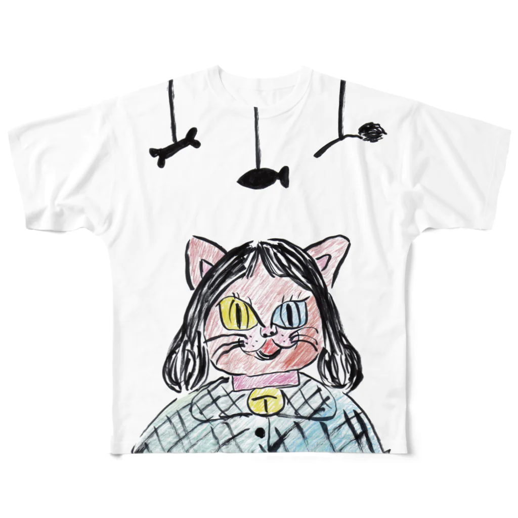 子猫の夫婦 【 ネコ の Tシャツ サンダル グッズ などのお店】の【 数量限定 】 「 キャット少女 」 猫 Tシャツ 帽子 など フルグラフィックTシャツ