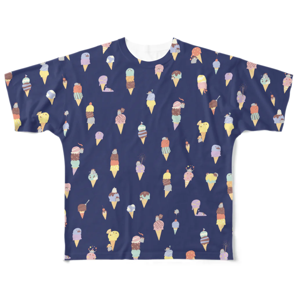 ささきまゆのアイスとペンギンちゃん ネイビー All-Over Print T-Shirt