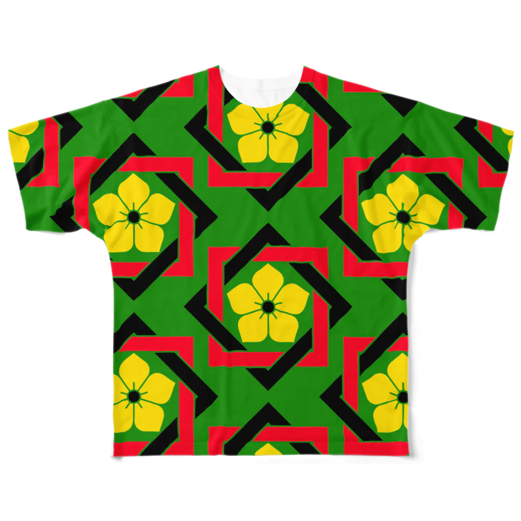 KT DESIGN LABORATORYのサイケ家紋 Series「四色組み合わせ角に桔梗」 フルグラフィックTシャツ