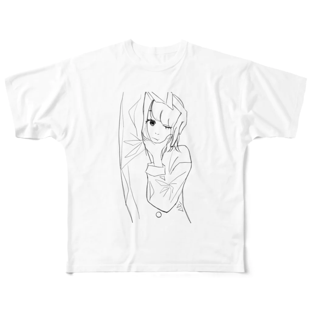 白まりものポージング子白黒 フルグラフィックTシャツ