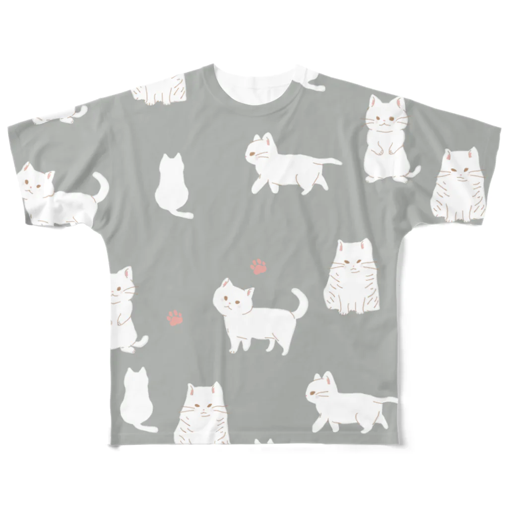 小鳥と映画館の白猫いっぱい グレー フルグラフィックTシャツ