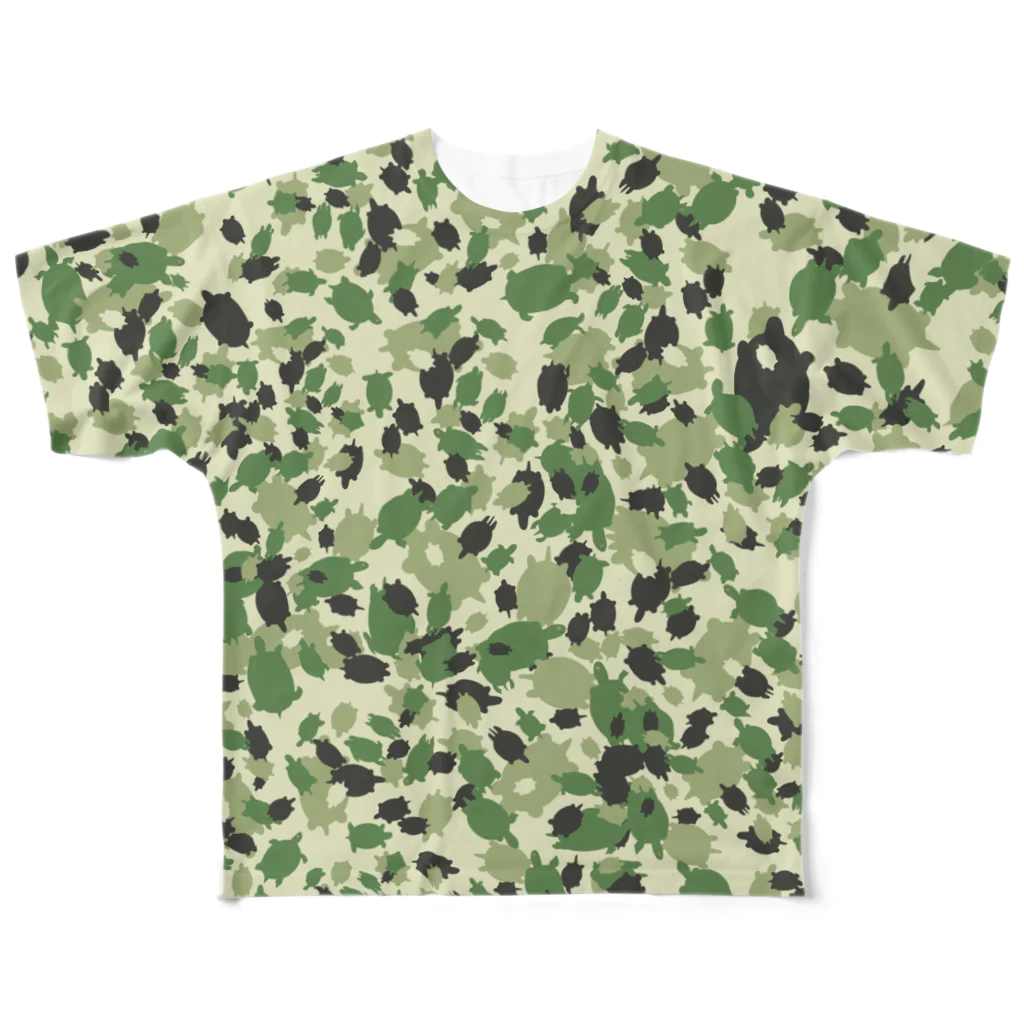 かんすけshopのアカミミガメ迷彩 All-Over Print T-Shirt