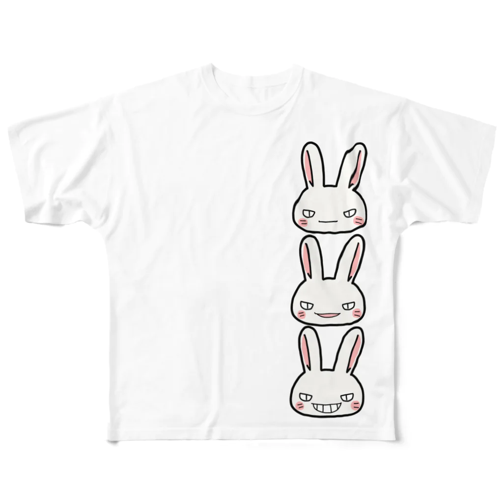 シシシFRIENDSのシシシうさぎ　顔３つ フルグラフィックTシャツ