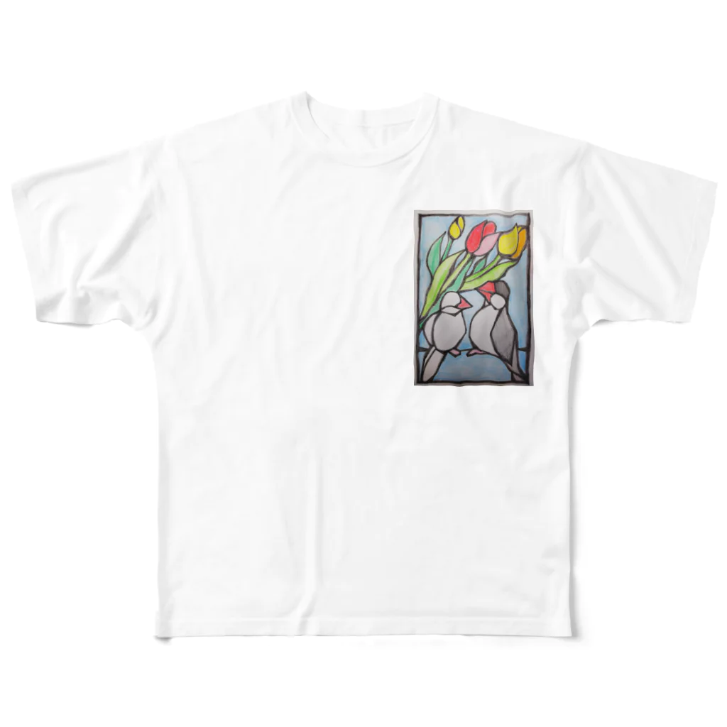 harupink🌸ペット似顔絵illustのステンドグラスな文鳥さん All-Over Print T-Shirt