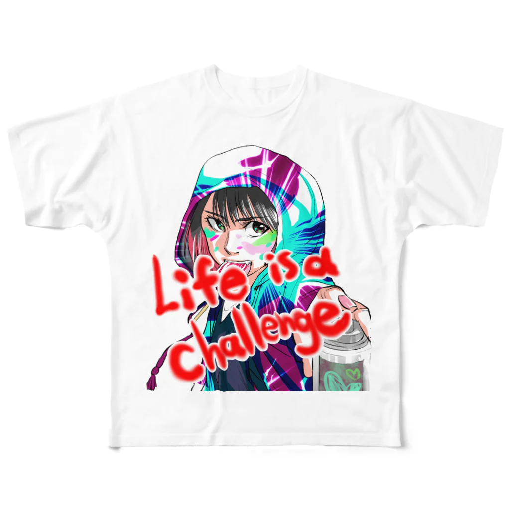 どでんちゃんのデザインショップ👩‍🎨のLife is a challenge フルグラフィックTシャツ