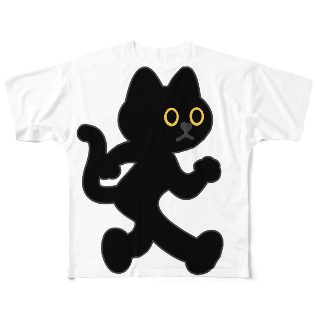 嶌星堂の飛び出し坊や猫 黒猫 フルグラフィックTシャツ