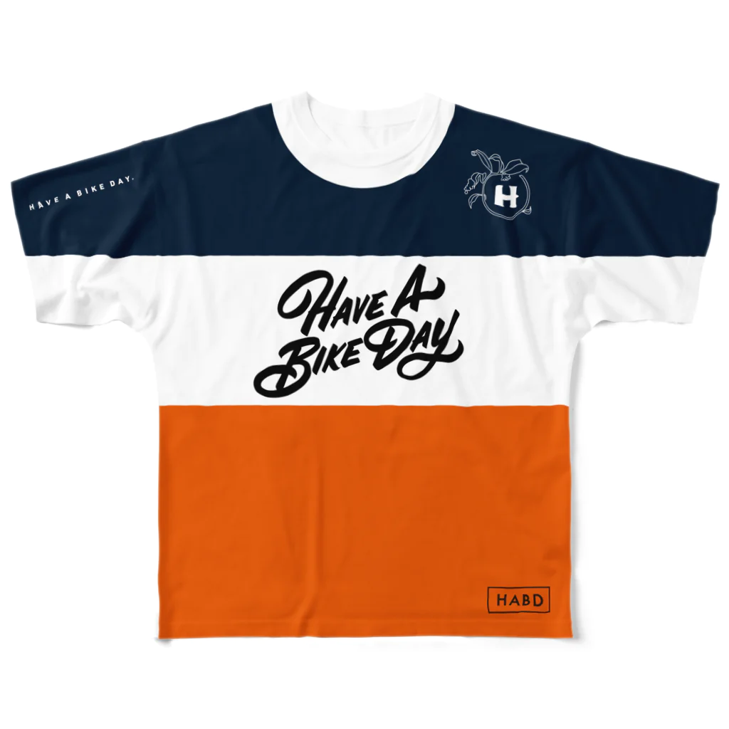 HAVE A BIKE DAY. ＠ SUZURIのHABDmoto(Navy/Orange) All-Over Print T-Shirt