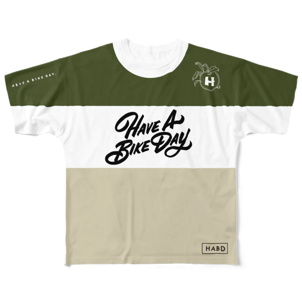 HAVE A BIKE DAY. ＠ SUZURIのHABDmoto(olive/beige) All-Over Print T-Shirt