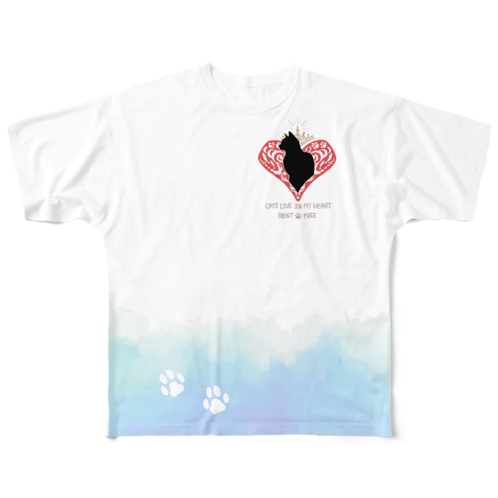 NikuQ-RaisuのCATS LIVE IN MY HEART RENT FREE フルグラフィックTシャツ