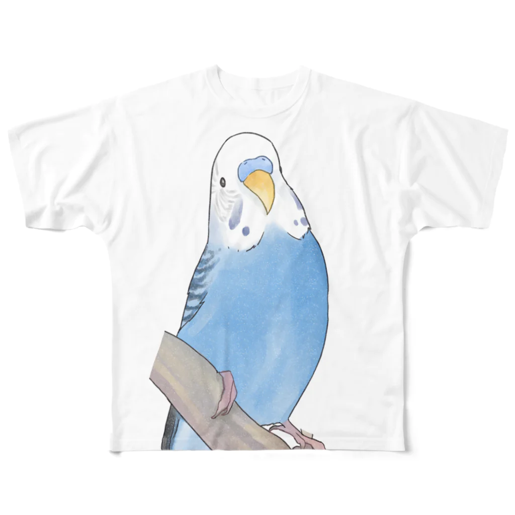 まめるりはことりのセキセイインコちゃんと止まり木【まめるりはことり】 フルグラフィックTシャツ