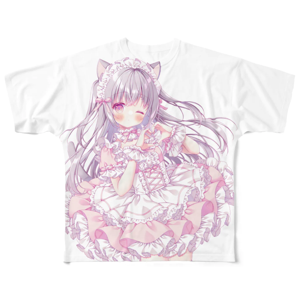 小鳥の食事のねこみみピンクメイド All-Over Print T-Shirt