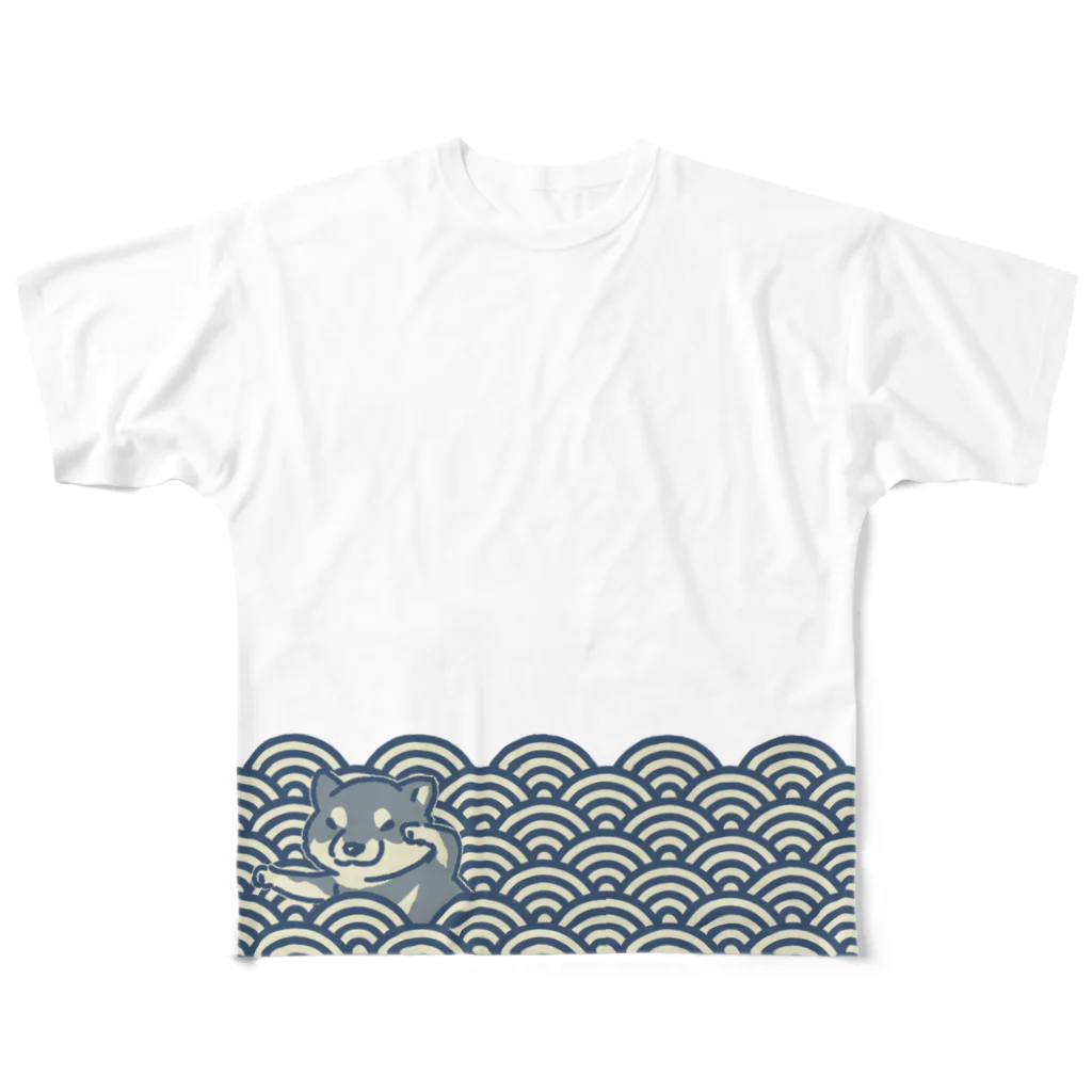 真希ナルセ（マキナル）の青海波に漂う柴犬（黒柴・クロール） フルグラフィックTシャツ