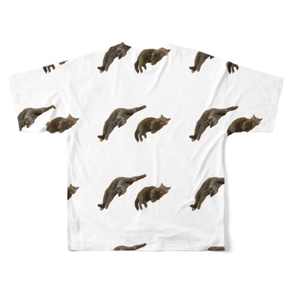 猫神様のいる店『SHRIMO』の自由な伸び猫 フルグラフィックTシャツの背面