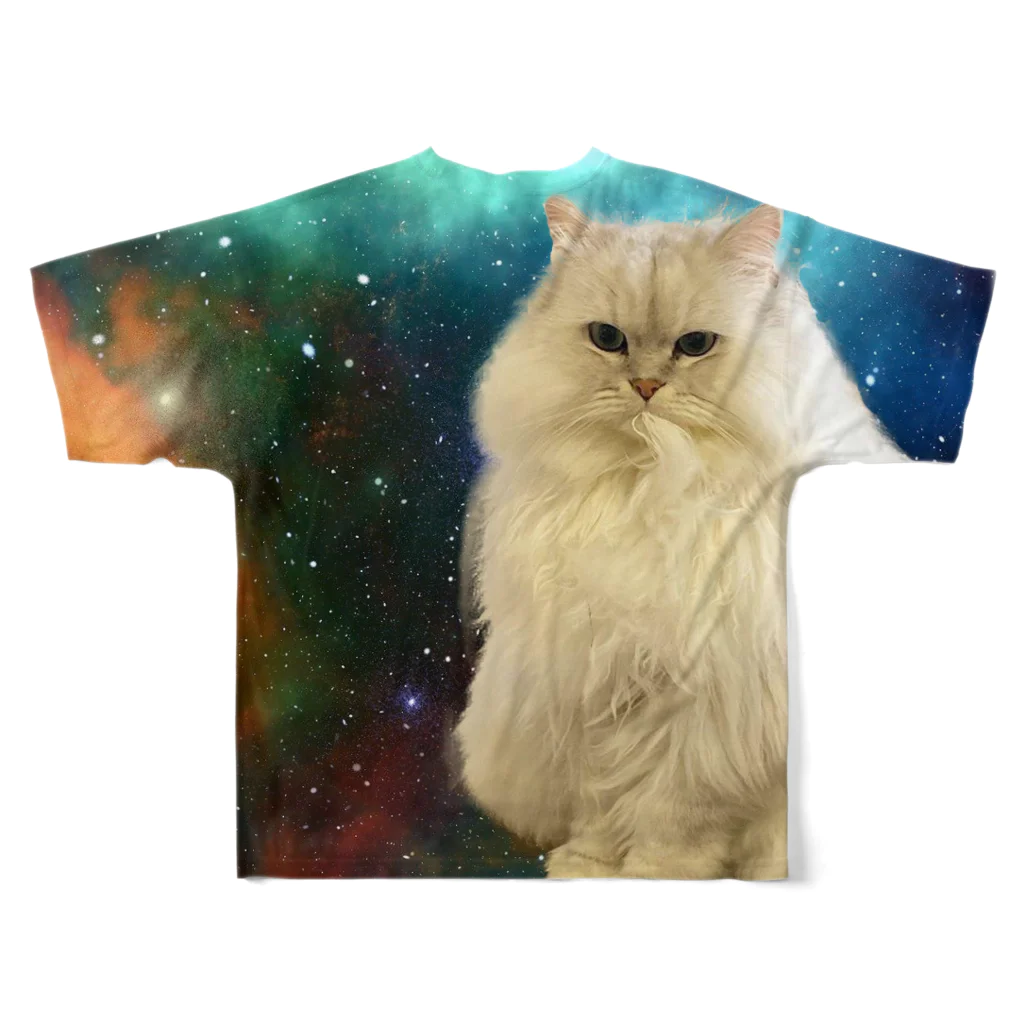 大変かわいらしい猫のグッズ屋さんの自分召し上がり猫 （宇宙） フルグラフィックTシャツの背面