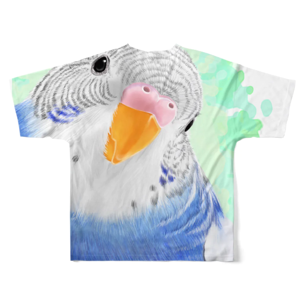 まめるりはことりのセキセイインコ　オパーリン大【まめるりはことり】 フルグラフィックTシャツの背面