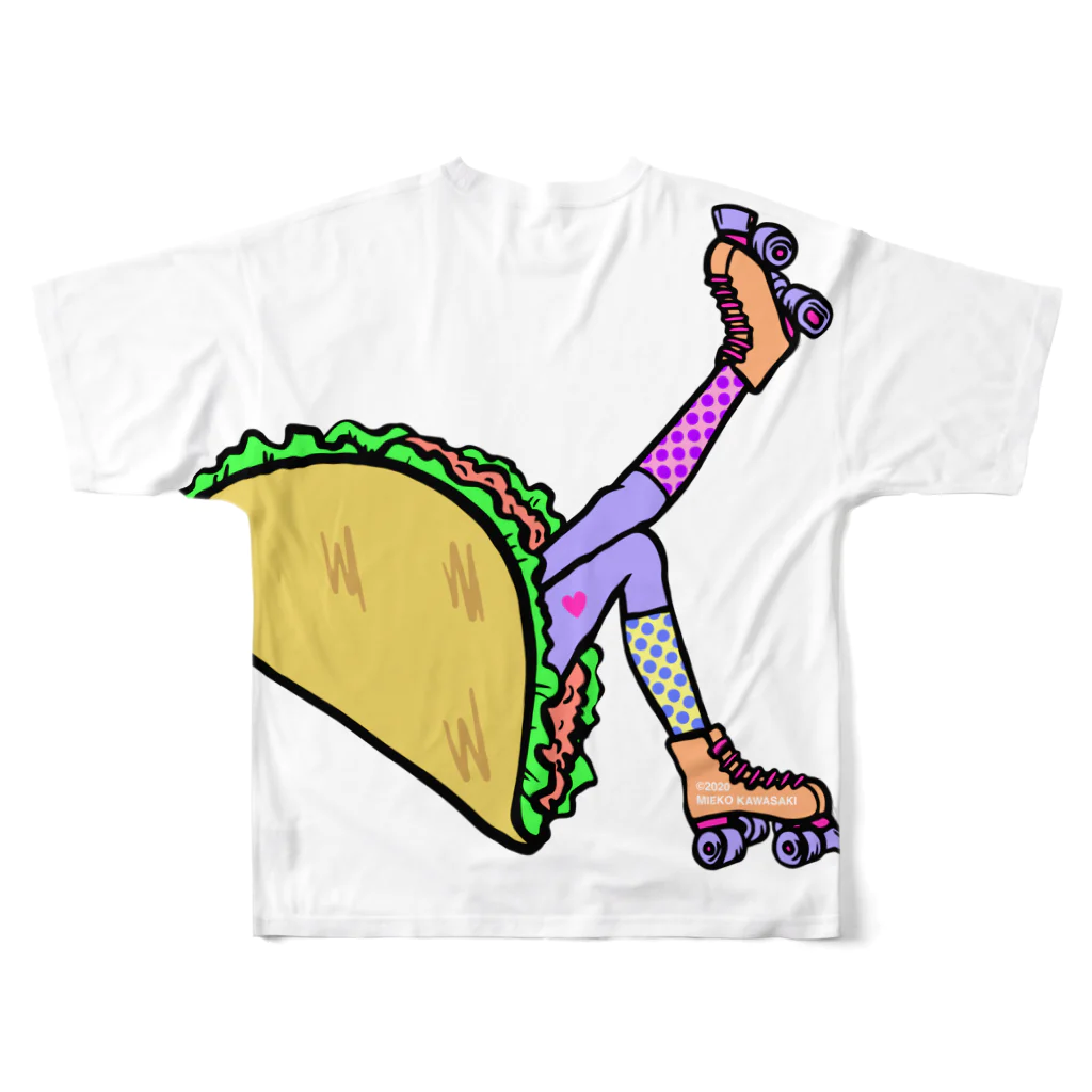 Mieko_Kawasakiのタコス　ローラースケート　ガール  TACOS ROLLER GIRL DOT 水玉　ドット　Tacos Rollerskate Rainbow フルグラフィックTシャツの背面