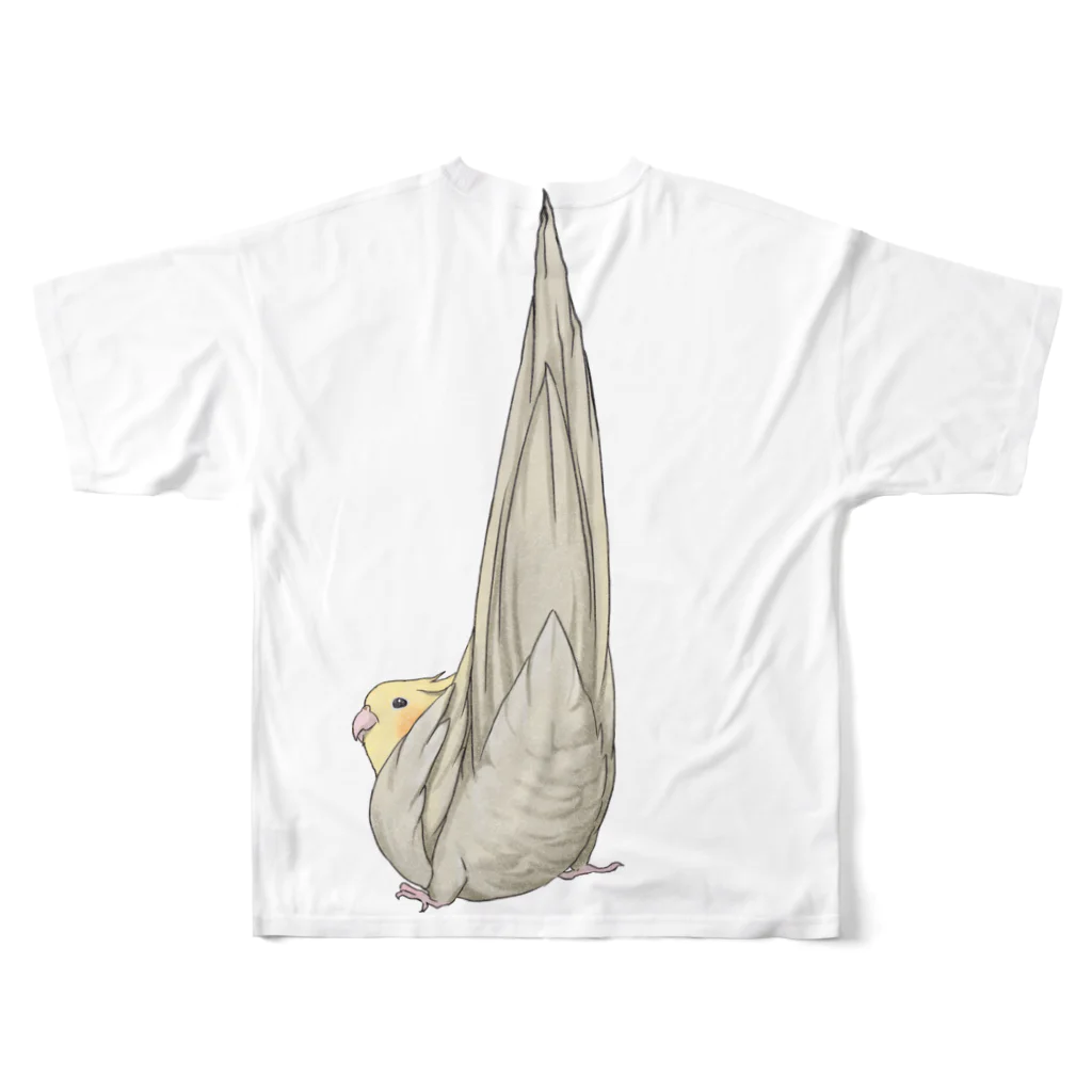 まめるりはことりの尾羽がピン　可愛いオカメインコちゃん【まめるりはことり】 フルグラフィックTシャツの背面