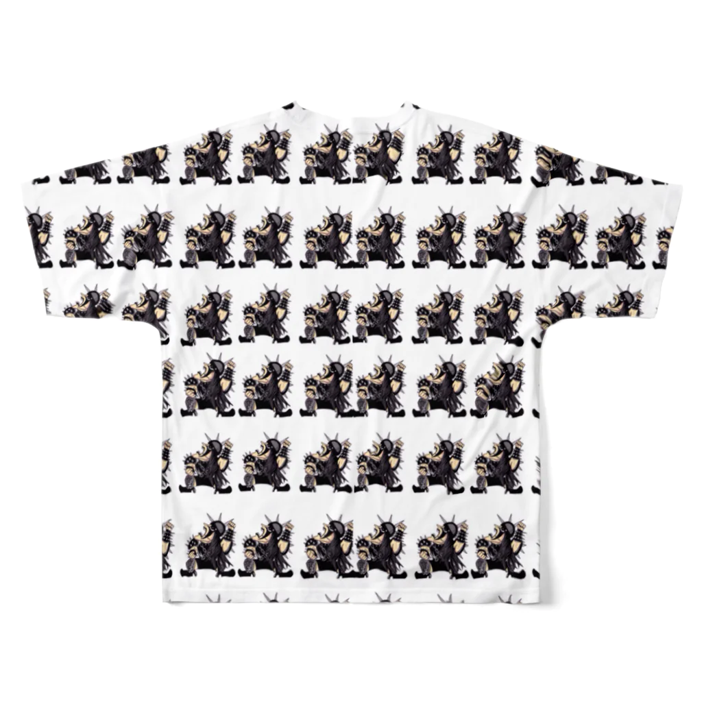 HELL DUMP人造人間SHOPのイラストサタン鈴木総柄Tシャツ フルグラフィックTシャツの背面