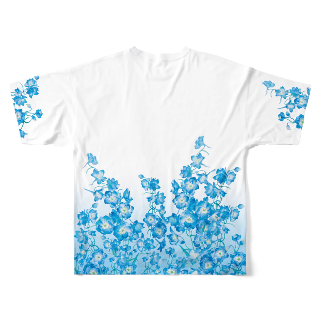 花雑貨の咲き乱れる青い花 デルフィニウム フルグラフィックTシャツの背面