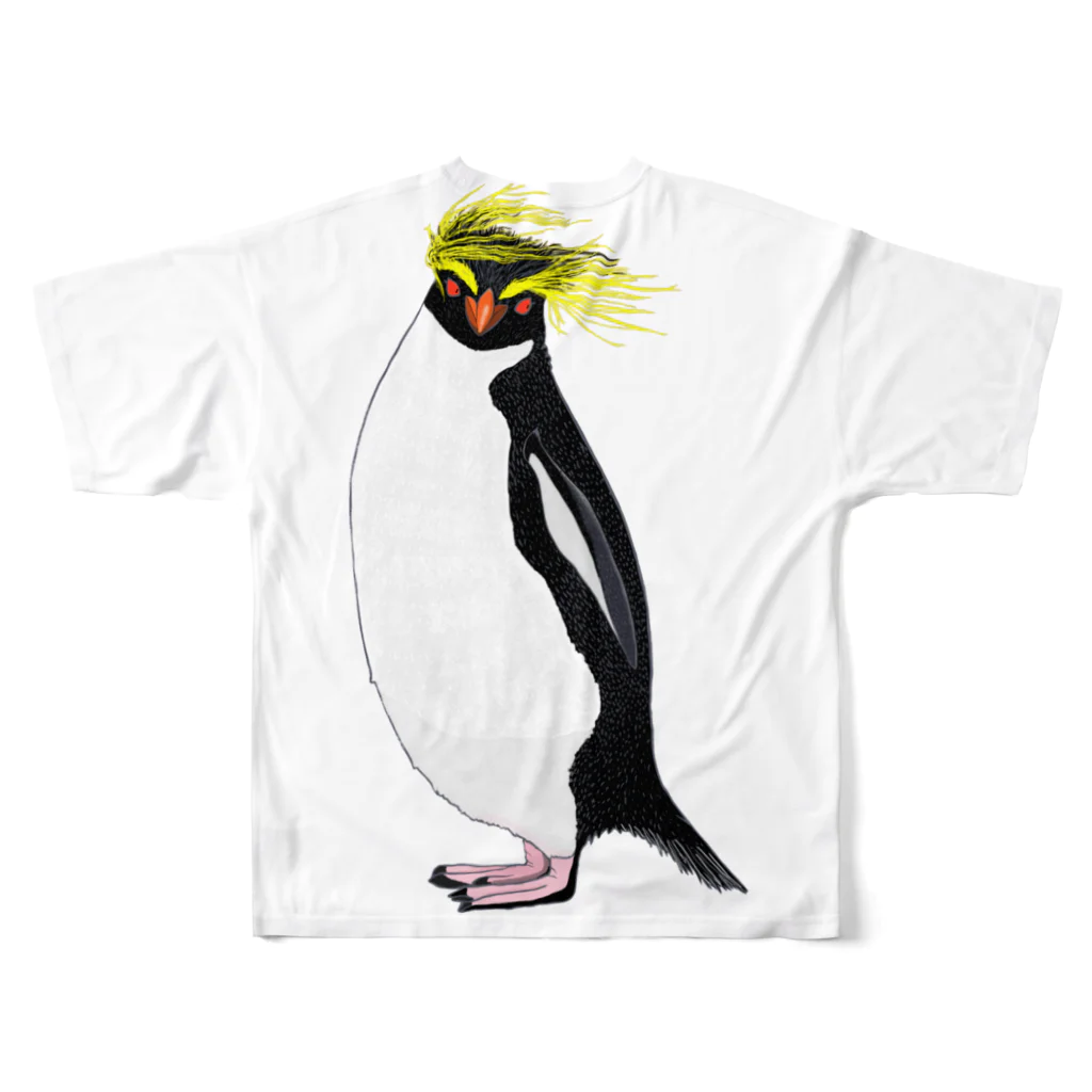 LalaHangeulの風に吹かれるイワトビペンギンさん(文字無しバージョン) バックプリント フルグラフィックTシャツの背面