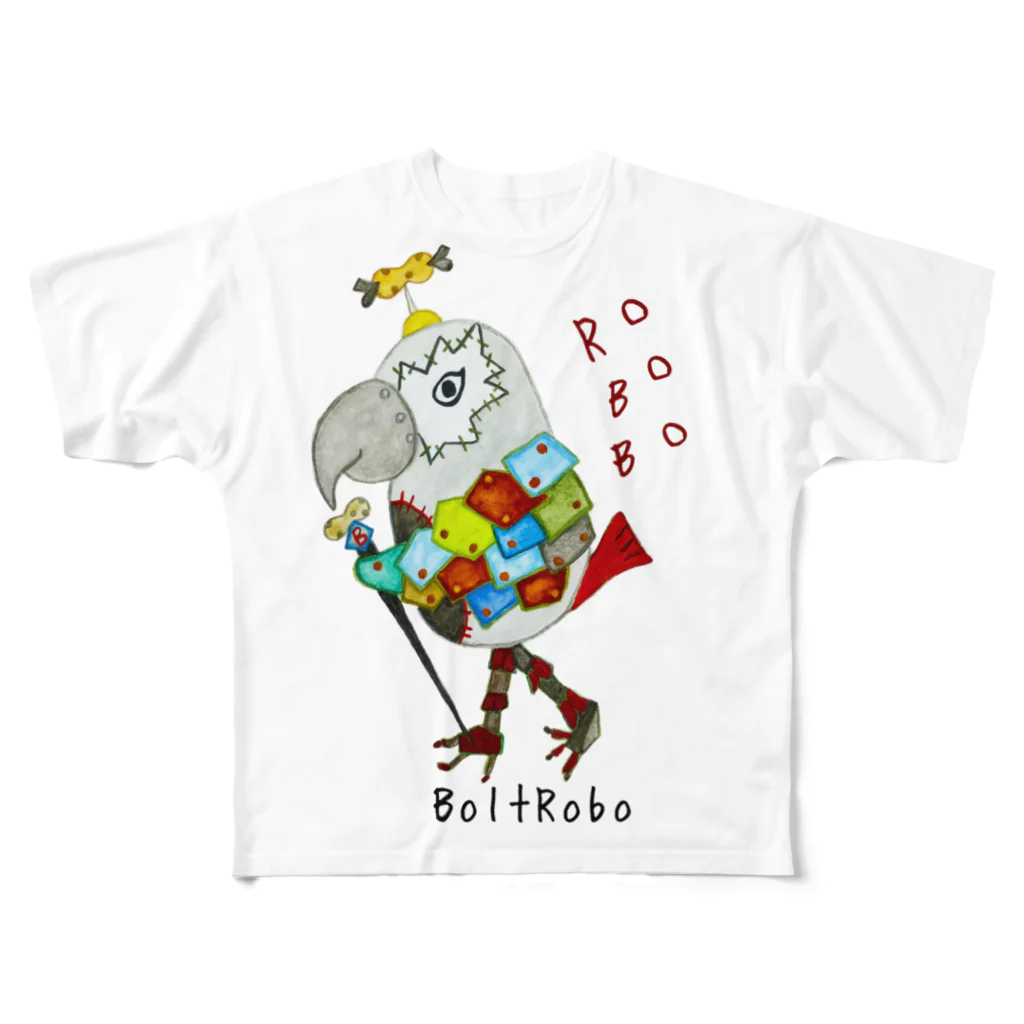 ねこぜや の ROBOBO ヨウムのボルトロボ  フルグラフィックTシャツ