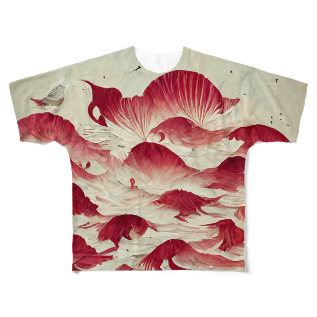 変なAIばっかのＴシャツ屋さんの飛びクジラ赤　AI葛飾北斎 フルグラフィックTシャツ