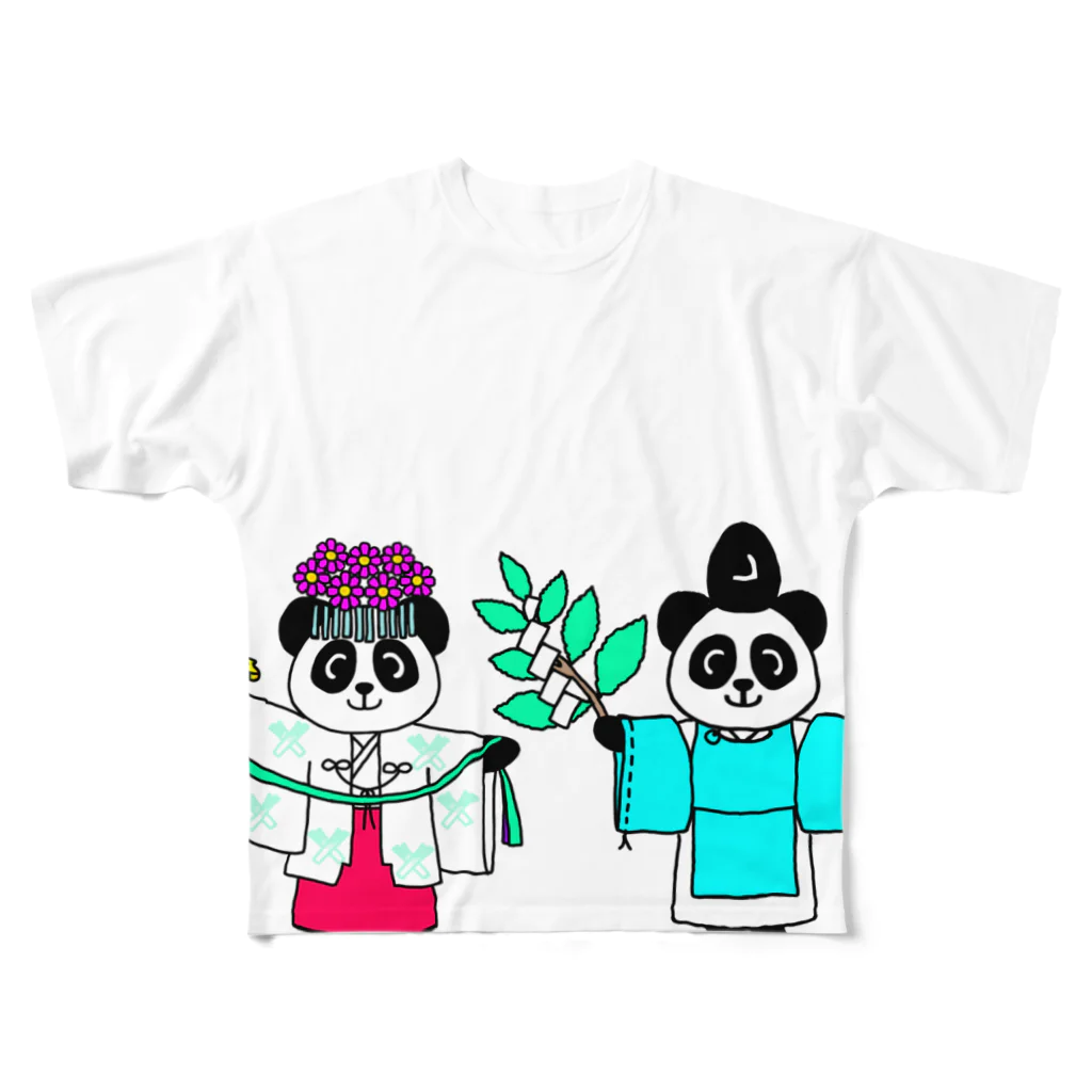 Tako＆Negi SUZURI支店のパンダ宮司とパンダ巫女淡色 All-Over Print T-Shirt