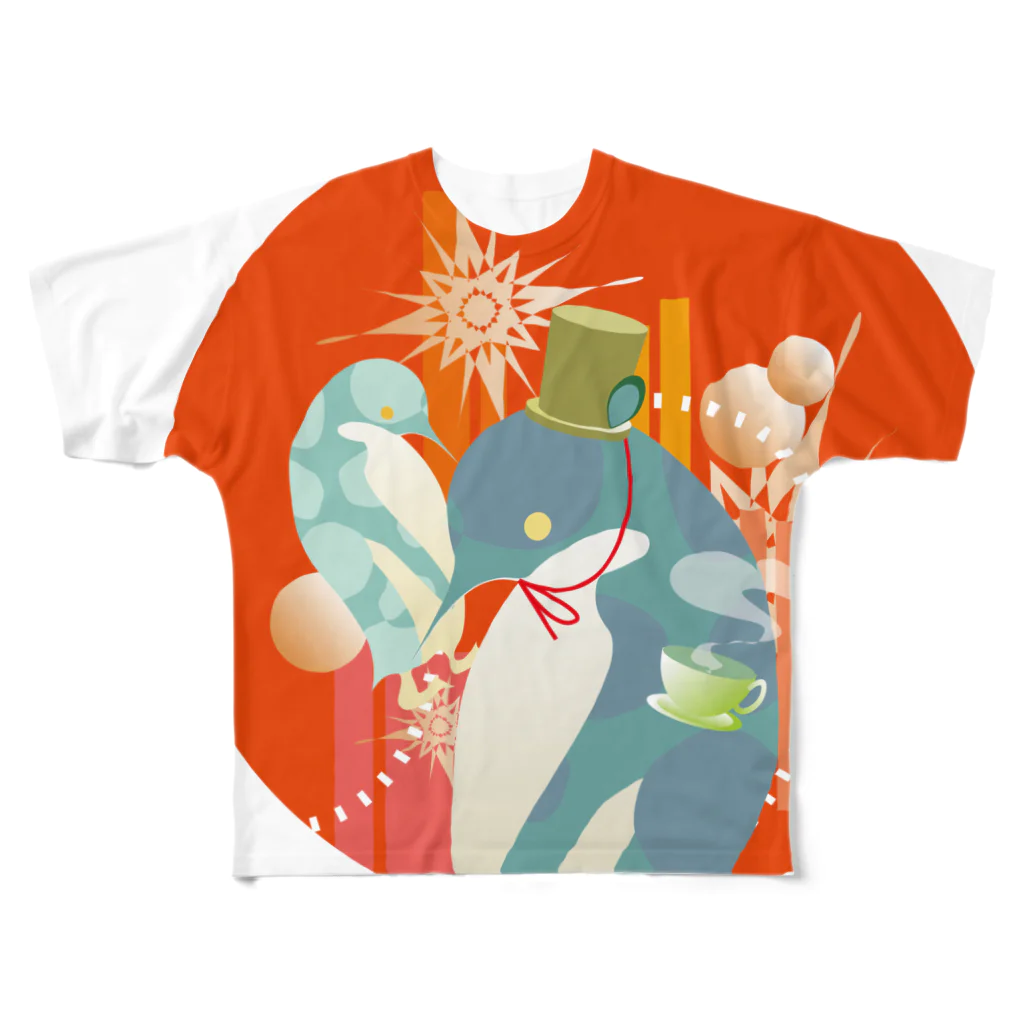 ペンギンパカリのペンギンTeaTime（赤） フルグラフィックTシャツ