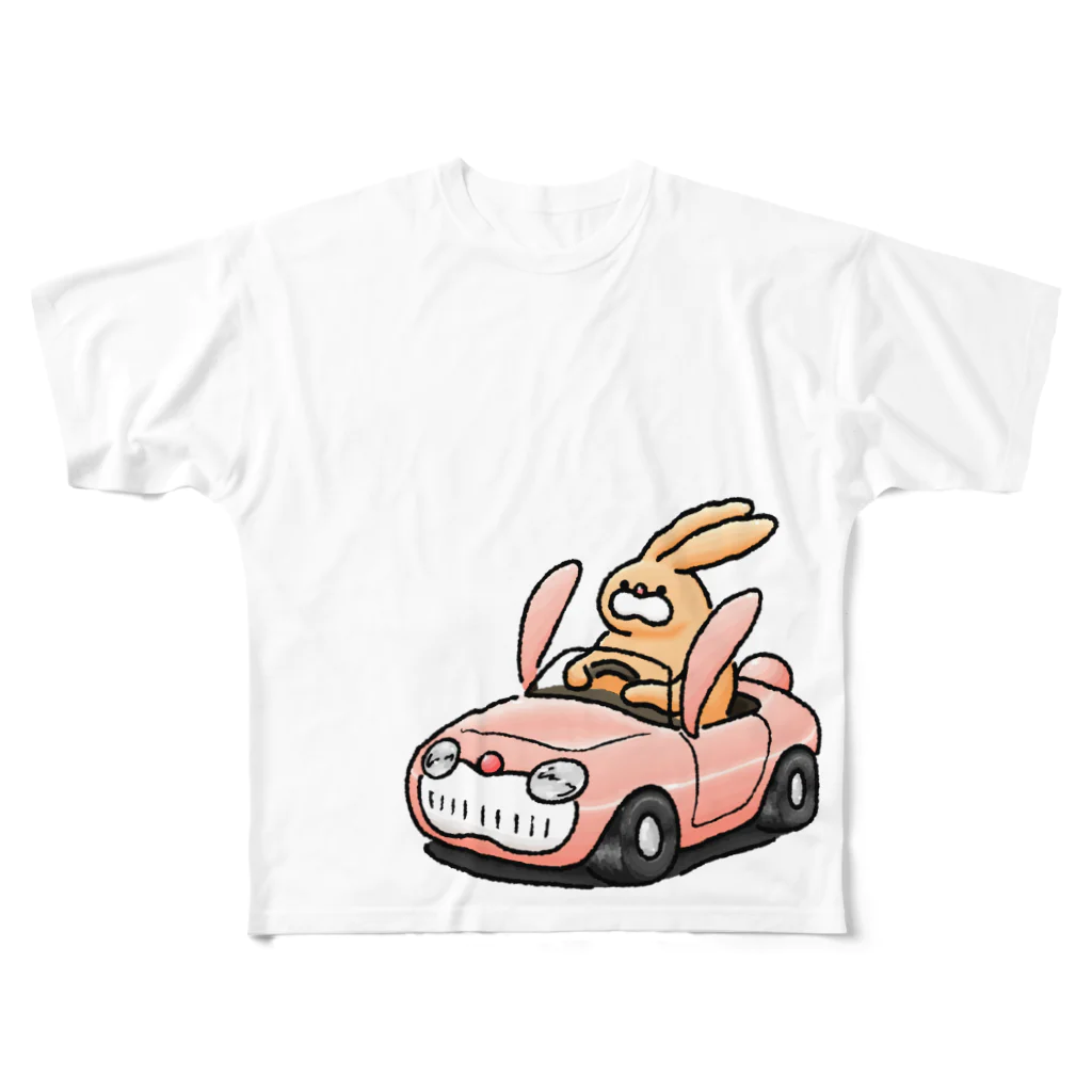 働きたくないのうさぎカーを運転するうさぎ フルグラフィックTシャツ